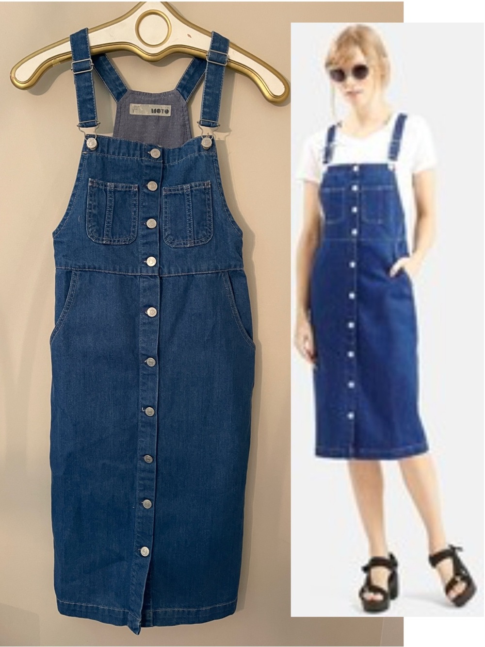 Topshop Moto Jeans Dungaree Size 2 Blue Denim Pinafore Dress Button Down Dress